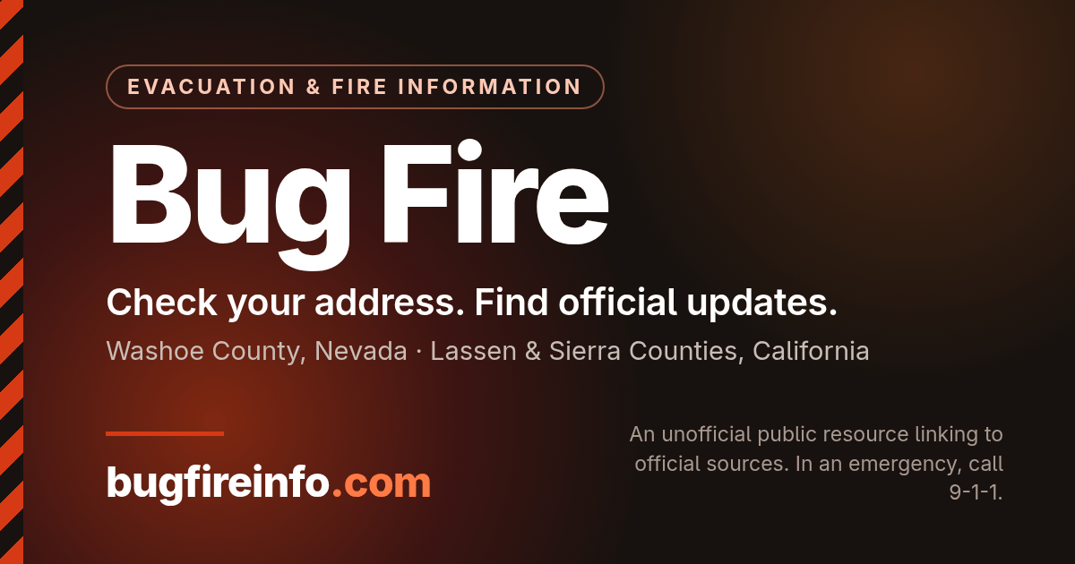 Header card from bugfireinfo.com reading &ldquo;Evacuation & Fire Information&rdquo;, &ldquo;Bug Fire&rdquo;, &ldquo;Check your address. Find official updates.&rdquo;, for Washoe County, Nevada and Lassen and Sierra Counties, California, with a note that it is an unofficial public resource linking to official sources and that you should call 9-1-1 in an emergency