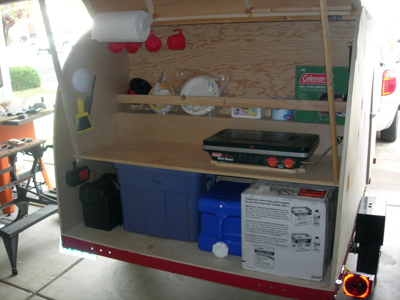 The trailer at its campsite at Lake Shasta