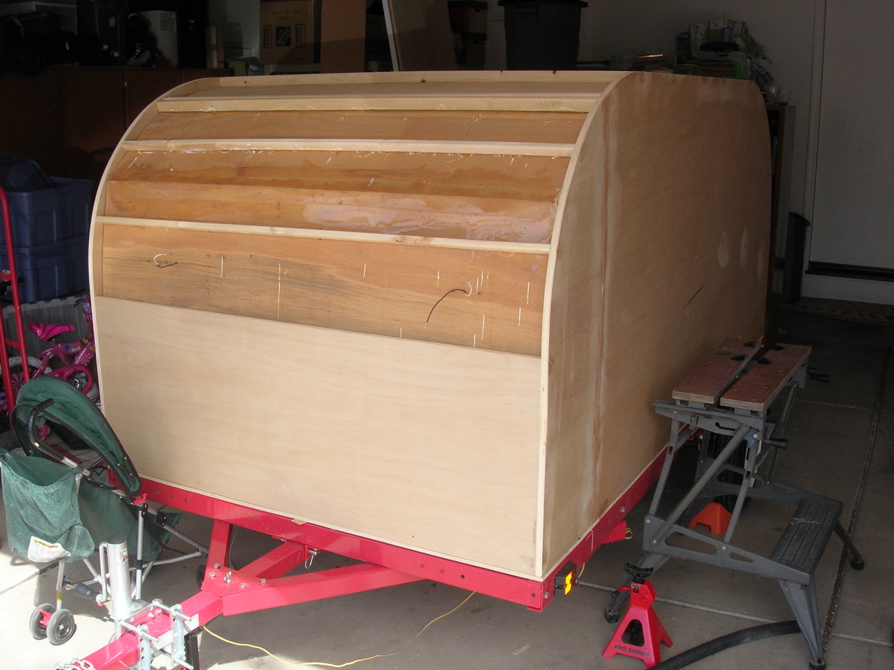 The epoxied interior roof installed over the spars