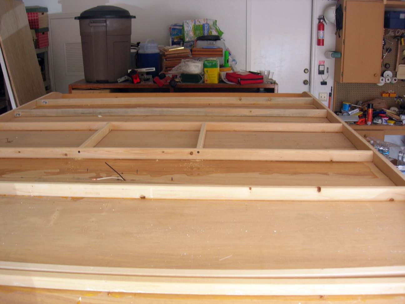 The interior roof from the galley end, with the fan opening